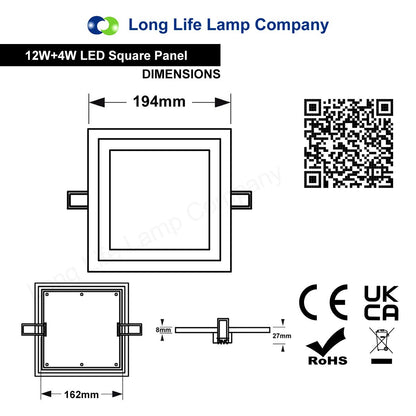 12w + 4w LED Square Recessed Ceiling Panel Light with Dual Colour Cool White / Green - Free delivery on all orders