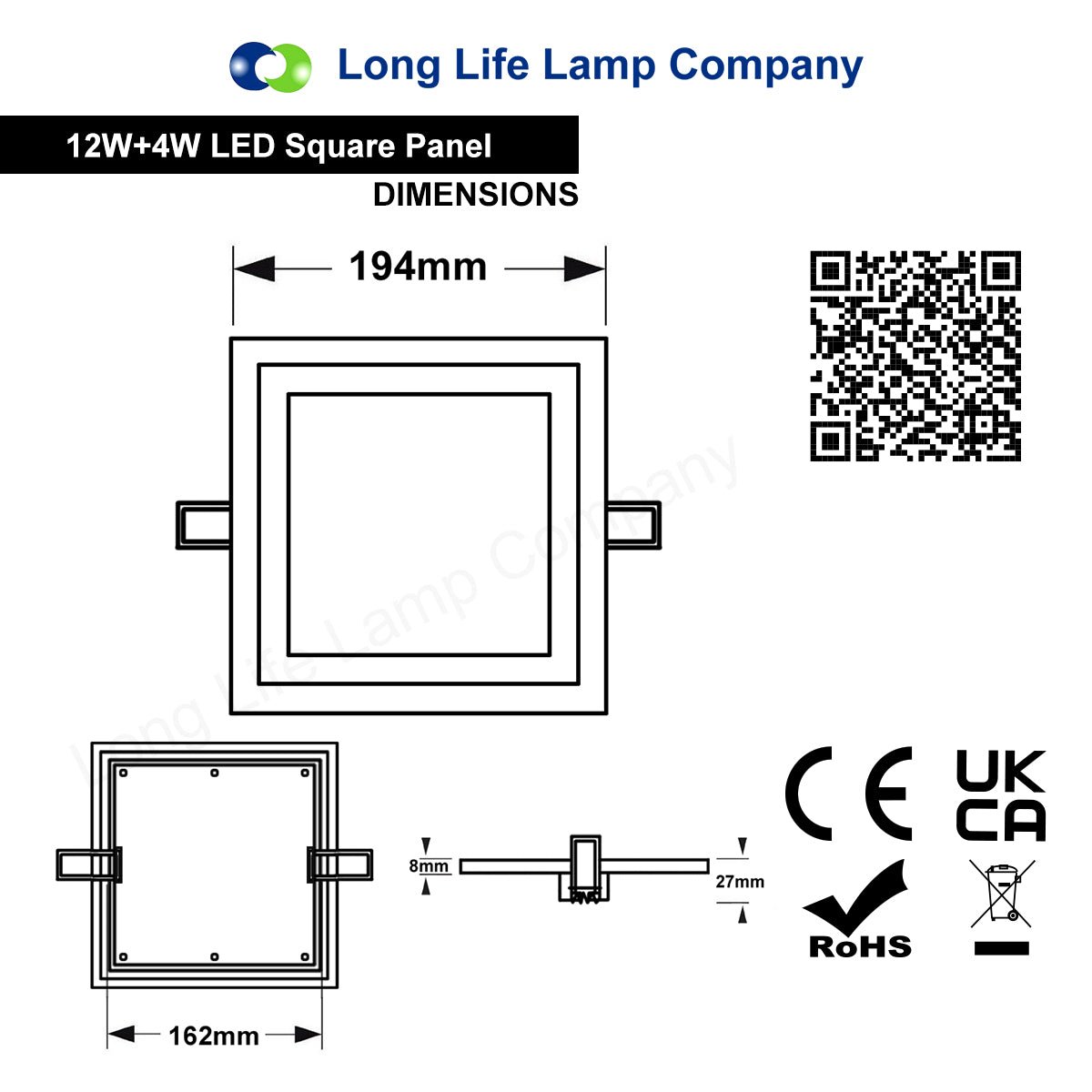 12w + 4w Square Recessed LED Ceiling Panel Light Dual Colour Cool White/Blue - Free delivery on all orders