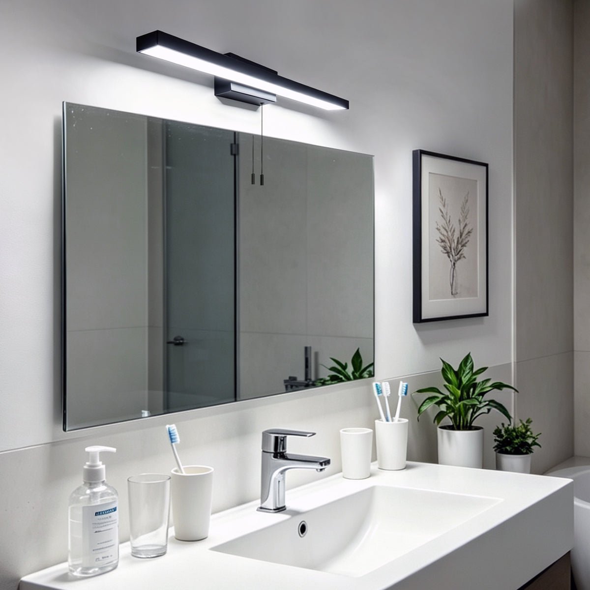 12W Black LED Bathroom Mirror Wall Light with Pull Cord Cool White 6500K IP44 ML25 - Free delivery on all orders