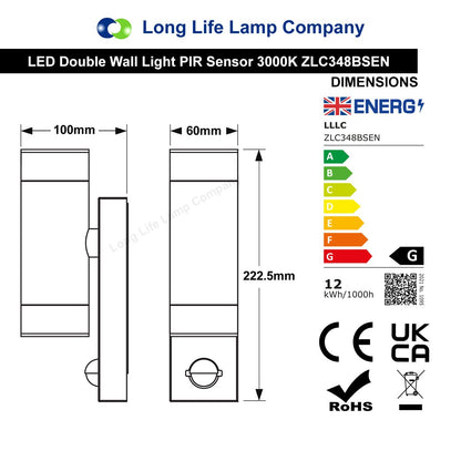 12W Black LED Double Outdoor Wall With PIR Movement Sensor Stainless Steel Warm White - Energy Light Bulbs - Free delivery on all orders