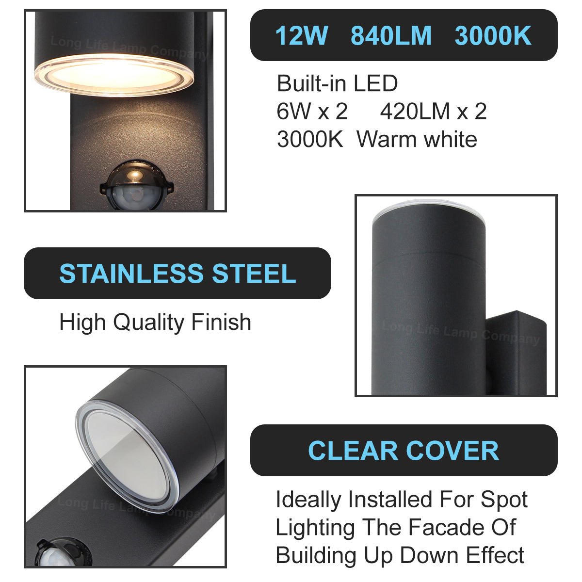 12W Black LED Double Outdoor Wall With PIR Movement Sensor Stainless Steel Warm White - Energy Light Bulbs - Free delivery on all orders