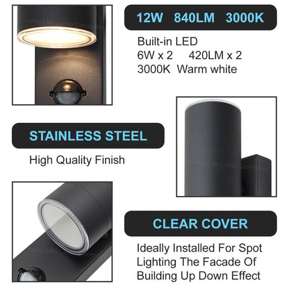 12W Black LED Double Outdoor Wall With PIR Movement Sensor Stainless Steel Warm White - Energy Light Bulbs - Free delivery on all orders