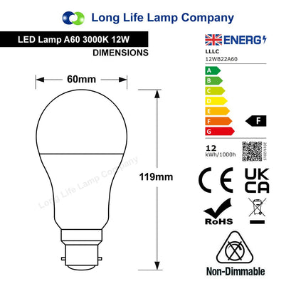 12w GLS LED Light Bulb B22 Bayonet Equivalent to 120w Warm White A60 - Free delivery on all orders