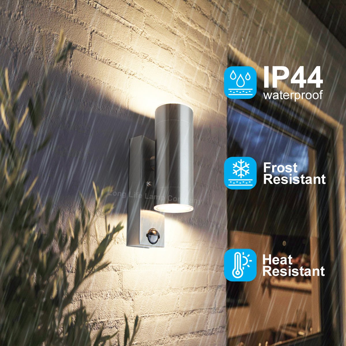 12W LED Double Outdoor Wall With PIR Movement Sensor Stainless Steel Warm White - Energy Light Bulbs - Free delivery on all orders