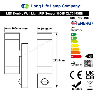 12W LED Double Outdoor Wall With PIR Movement Sensor Stainless Steel Warm White - Energy Light Bulbs - Free delivery on all orders