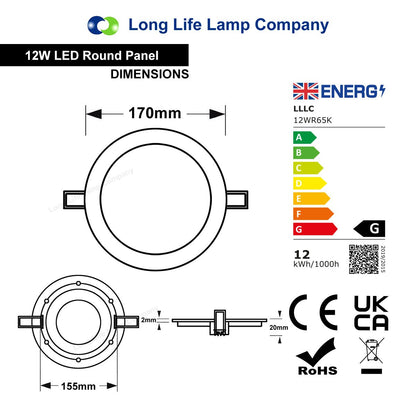 12w LED Round Recessed Ceiling Flat Panel Down Light Ultra slim Lamp Cool White 6500K - Free delivery on all orders