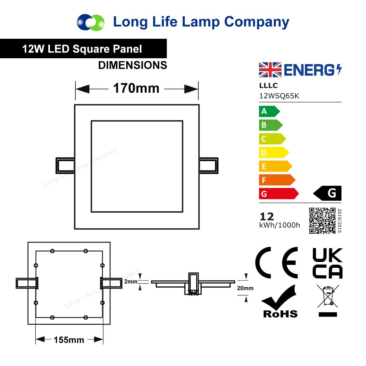12w LED Square Recessed Ceiling Panel Cool White 6500K - Free delivery on all orders