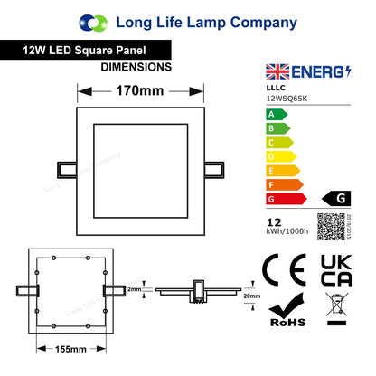 12w LED Square Recessed Ceiling Panel Cool White 6500K - Free delivery on all orders
