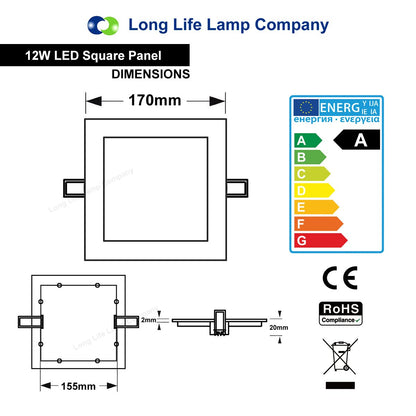 12w LED Square Recessed Ceiling Panel Cool White 6500K - Energy Light Bulbs - Free delivery on all orders