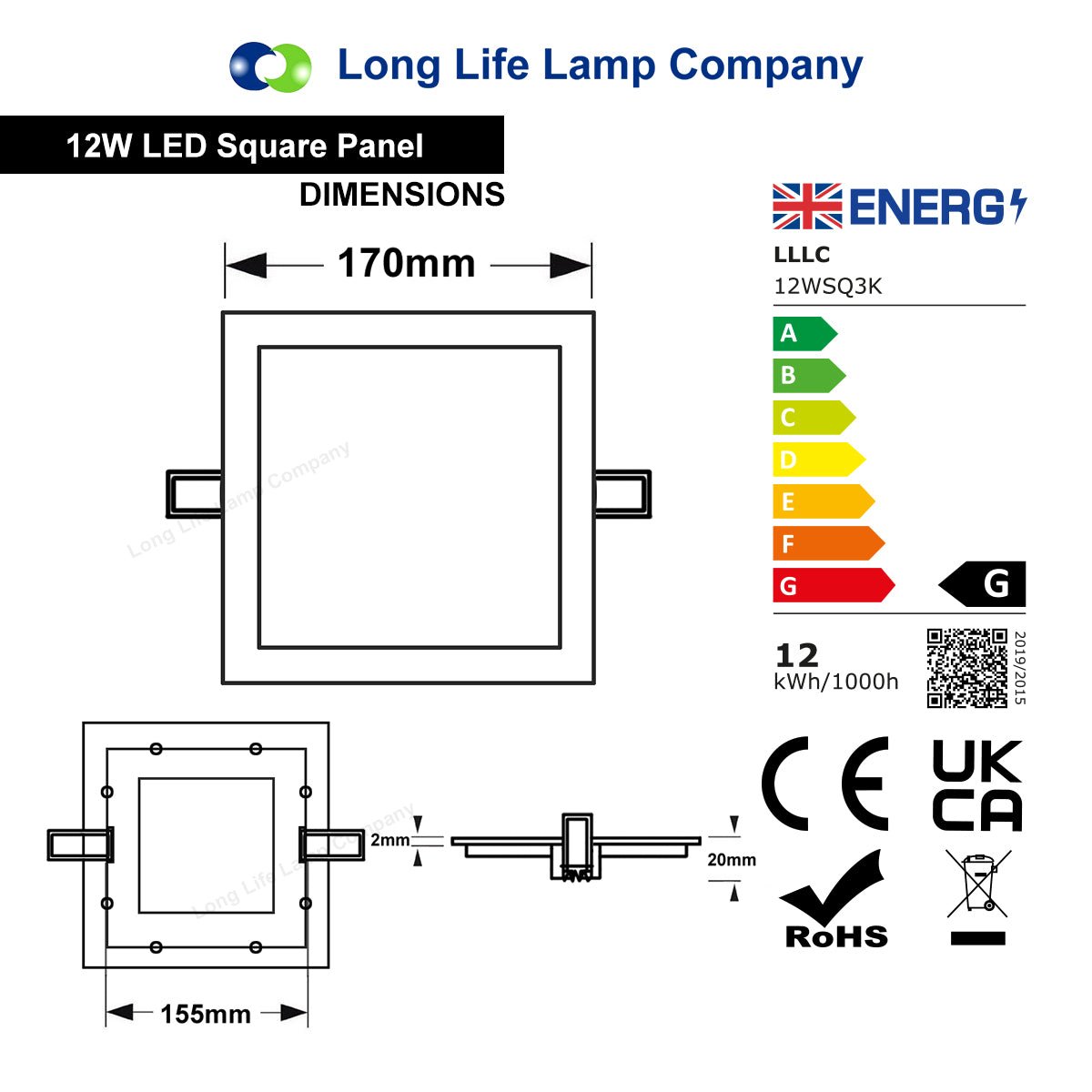12w LED Square Recessed Ceiling Panel Warm White 3000K - Free delivery on all orders