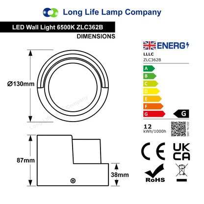 12W Outdoor Modern Round Black LED Wall Light Opal Diffuser 6500K - Energy Light Bulbs - Free delivery on all orders