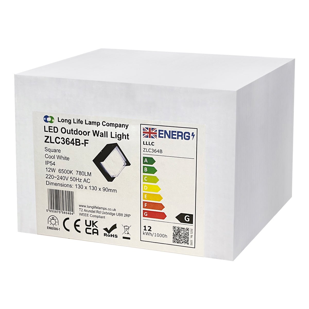 12W Outdoor Modern Square Black LED Wall Light Opal Diffuser 6500K - Energy Light Bulbs - Free delivery on all orders