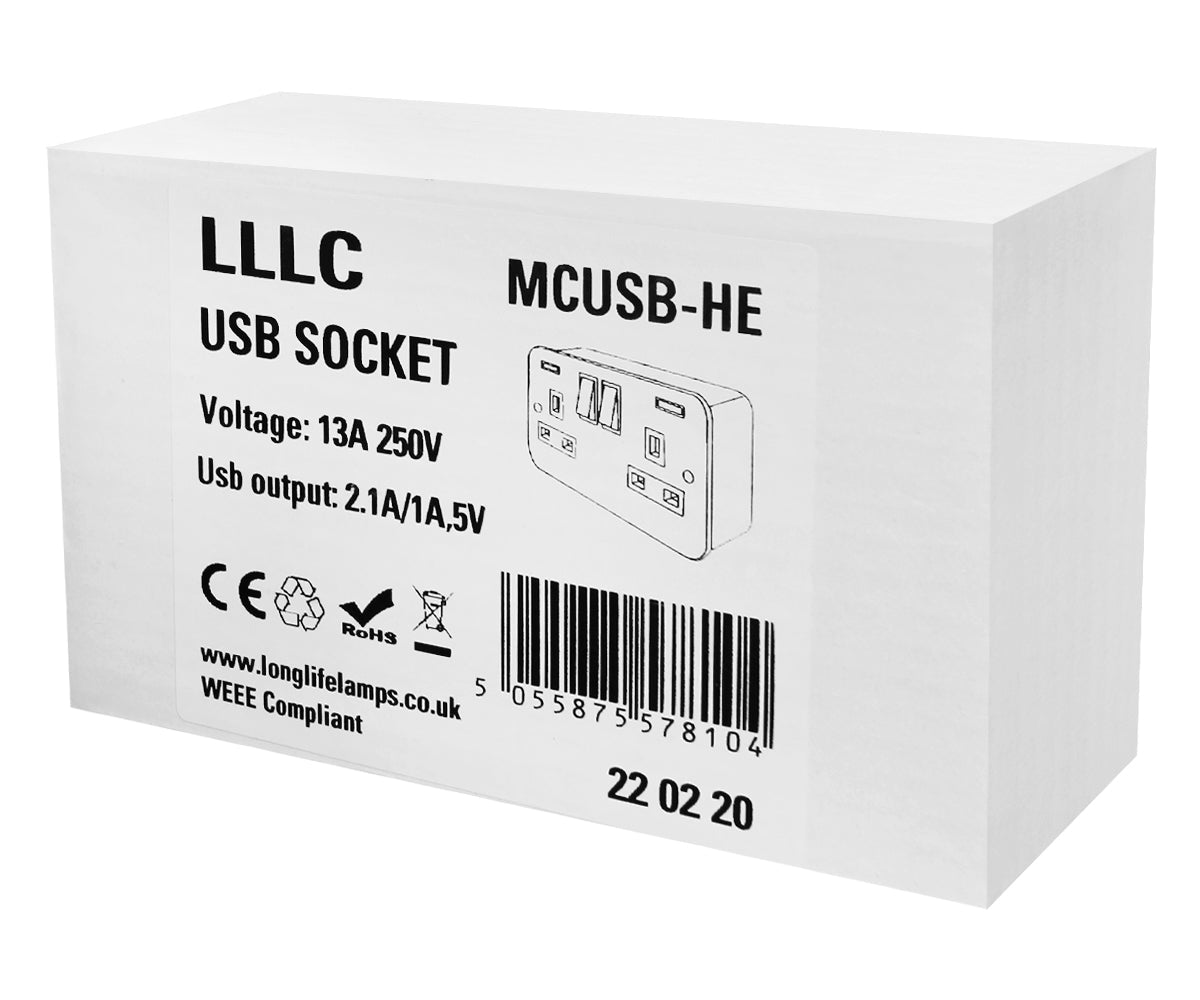 13 Amp Metal Clad Socket 2 Gang Switched Socket 250v with Dual USB Charger - Energy Light Bulbs - Free delivery on all orders