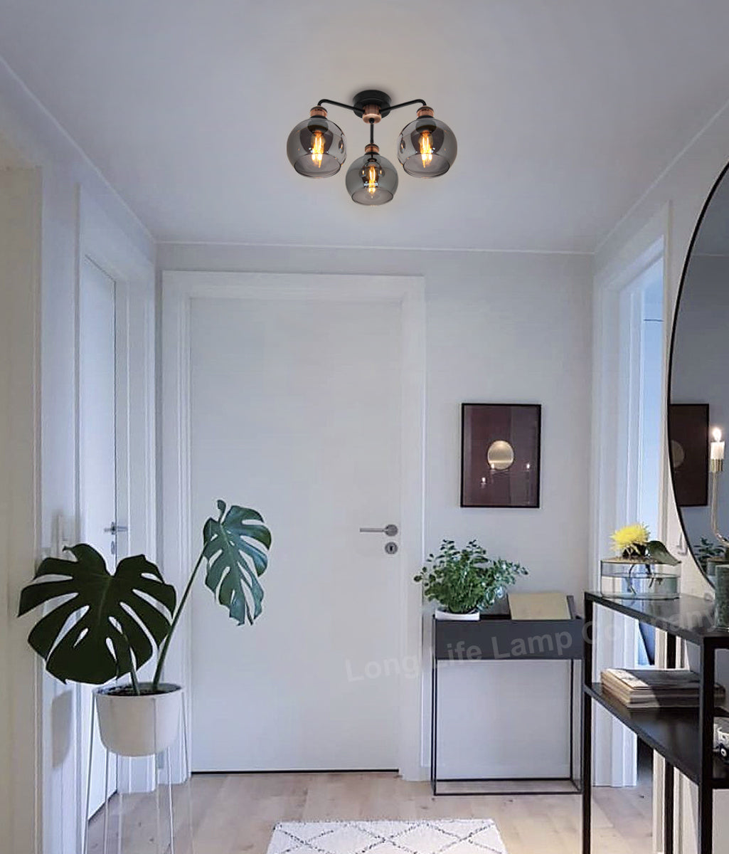 Modern Grey Glass Ceiling Light 3 Globe Shades
