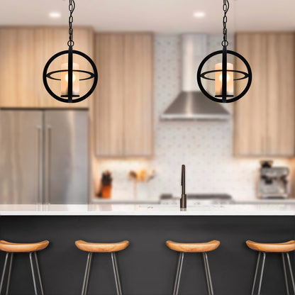 Industrial 3 Ring Ceiling Pendant Light Black Metal Chain Suspended Frosted Glass Lamp Shade