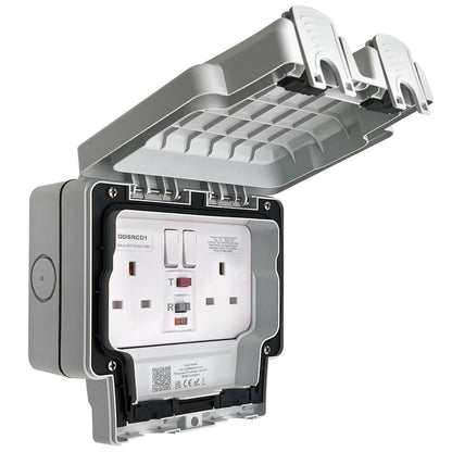 13A 2 Gang Weatherproof Double Outdoor RCD Switched DP Socket IP66 Grey - Energy Light Bulbs - Free delivery on all orders