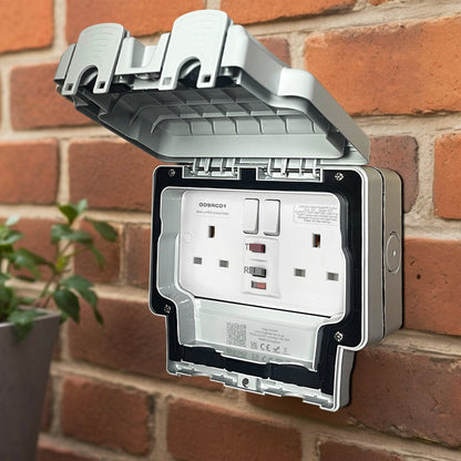 13A 2 Gang Weatherproof Double Outdoor RCD Switched DP Socket IP66 Grey - Energy Light Bulbs - Free delivery on all orders