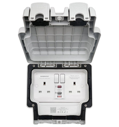 13A 2 Gang Weatherproof Double Outdoor RCD Switched DP Socket IP66 Grey - Energy Light Bulbs - Free delivery on all orders