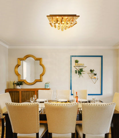 Modern Square Chandelier Crystal Droplets Gold Effect Base 4x3w G9 - Free delivery on all orders