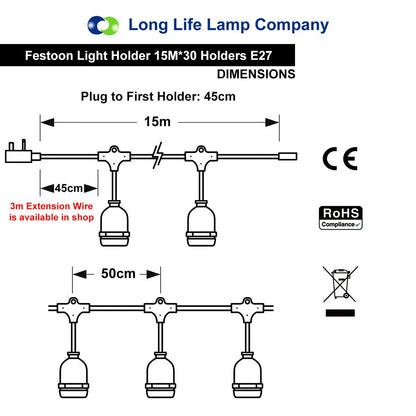 15 Metre Outdoor String Light Bulb Holders 30 Lamp Weatherproof Festoon Light - Energy Light Bulbs - Free delivery on all orders