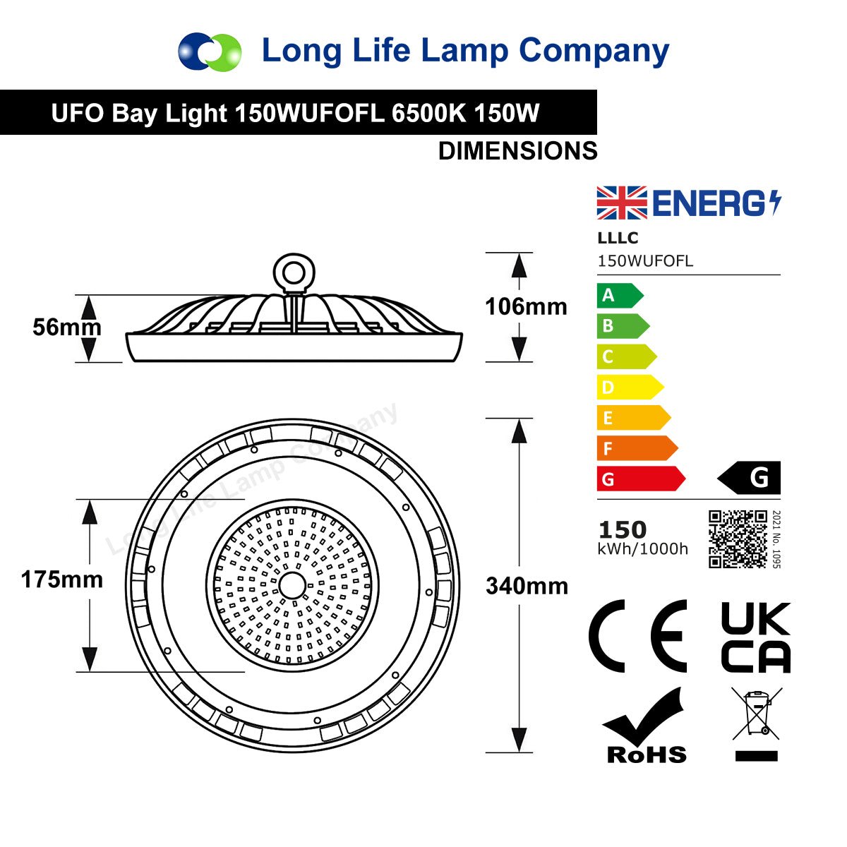 150W LED Thin High Bay Light UFO Suspended Warehouse Lighting 6500k IP65 Spotlamp FL - F - Energy Light Bulbs - Free delivery on all orders