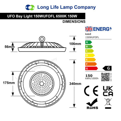 150W LED Thin High Bay Light UFO Suspended Warehouse Lighting 6500k IP65 Spotlamp FL - F - Energy Light Bulbs - Free delivery on all orders