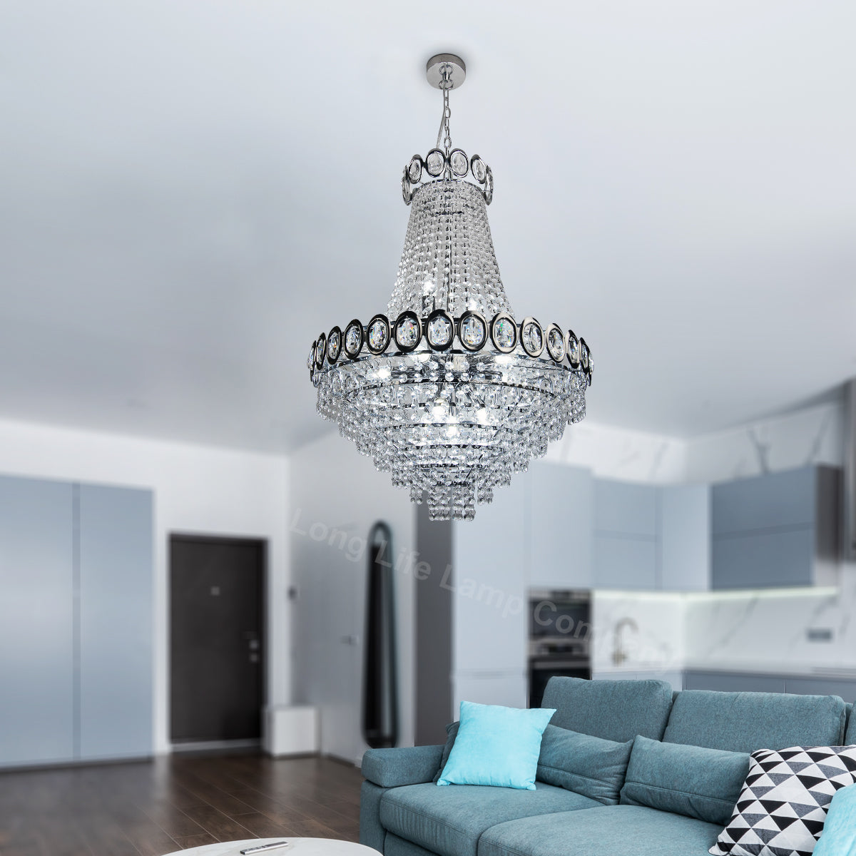 Large Ceiling Crystal Pendant Chandelier Suspended Chrome Frame Cascading Droplets