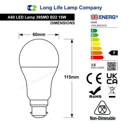 15w GLS LED Light Bulb B22 Bayonet Cool White A60 - Free delivery on all orders