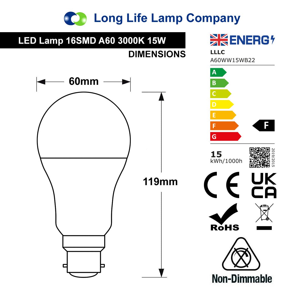 15w GLS LED Light Bulb B22 Bayonet Warm White A60 - Free delivery on all orders