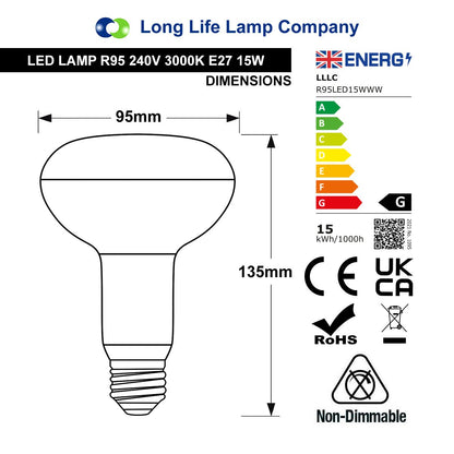 15w LED R95 E27 Warm White Replacment for Reflector R95 LED - Energy Light Bulbs - Free delivery on all orders