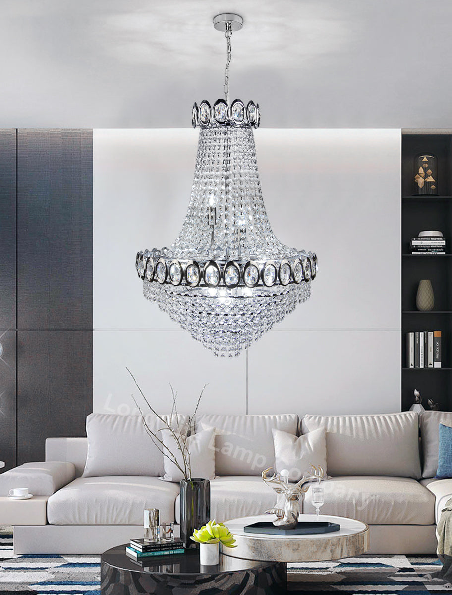 Large Ceiling Crystal Pendant Chandelier Suspended Chrome Frame Cascading Droplets