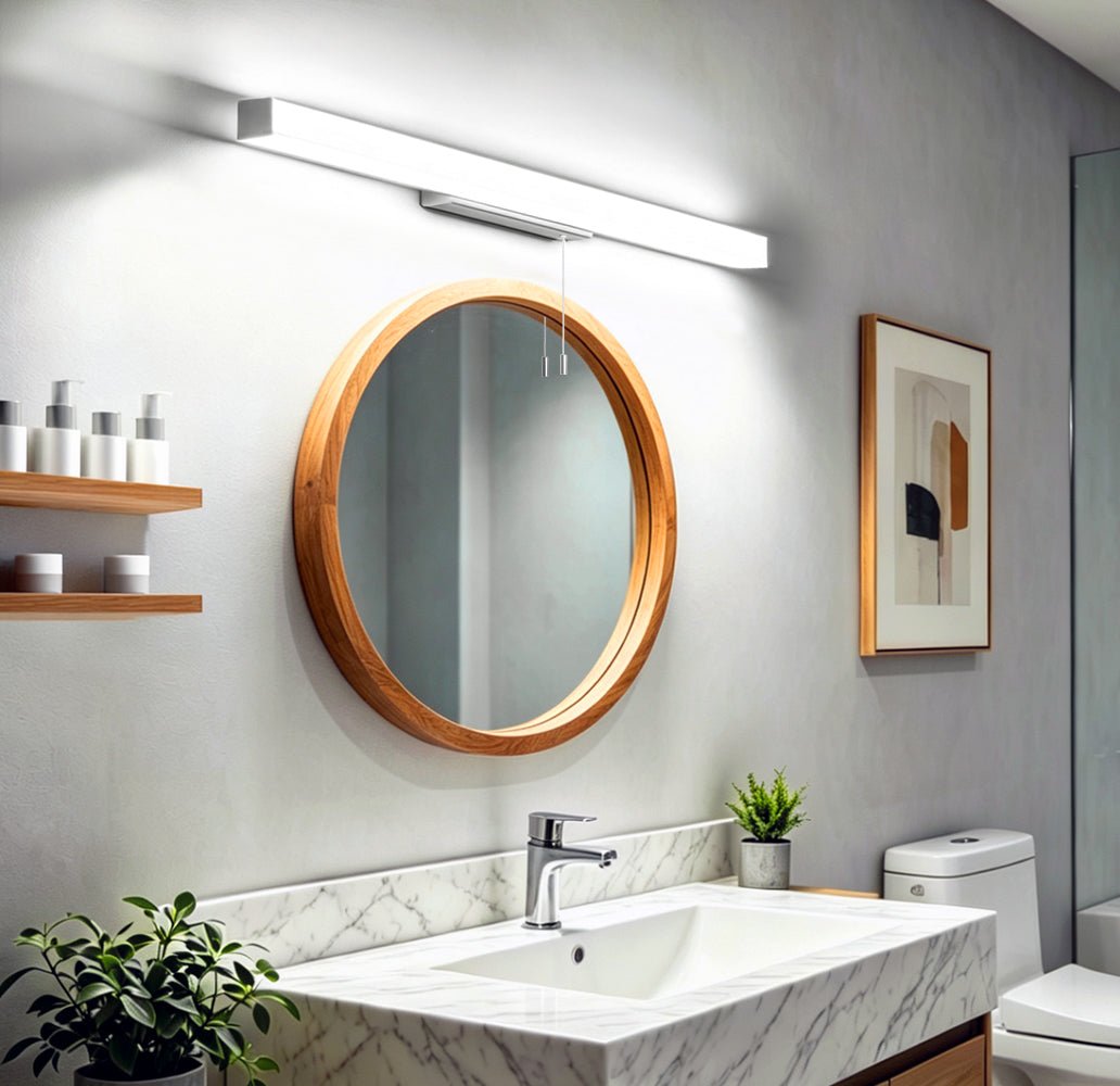 Angled view of 16W LED mirror light showing fixture design and finish