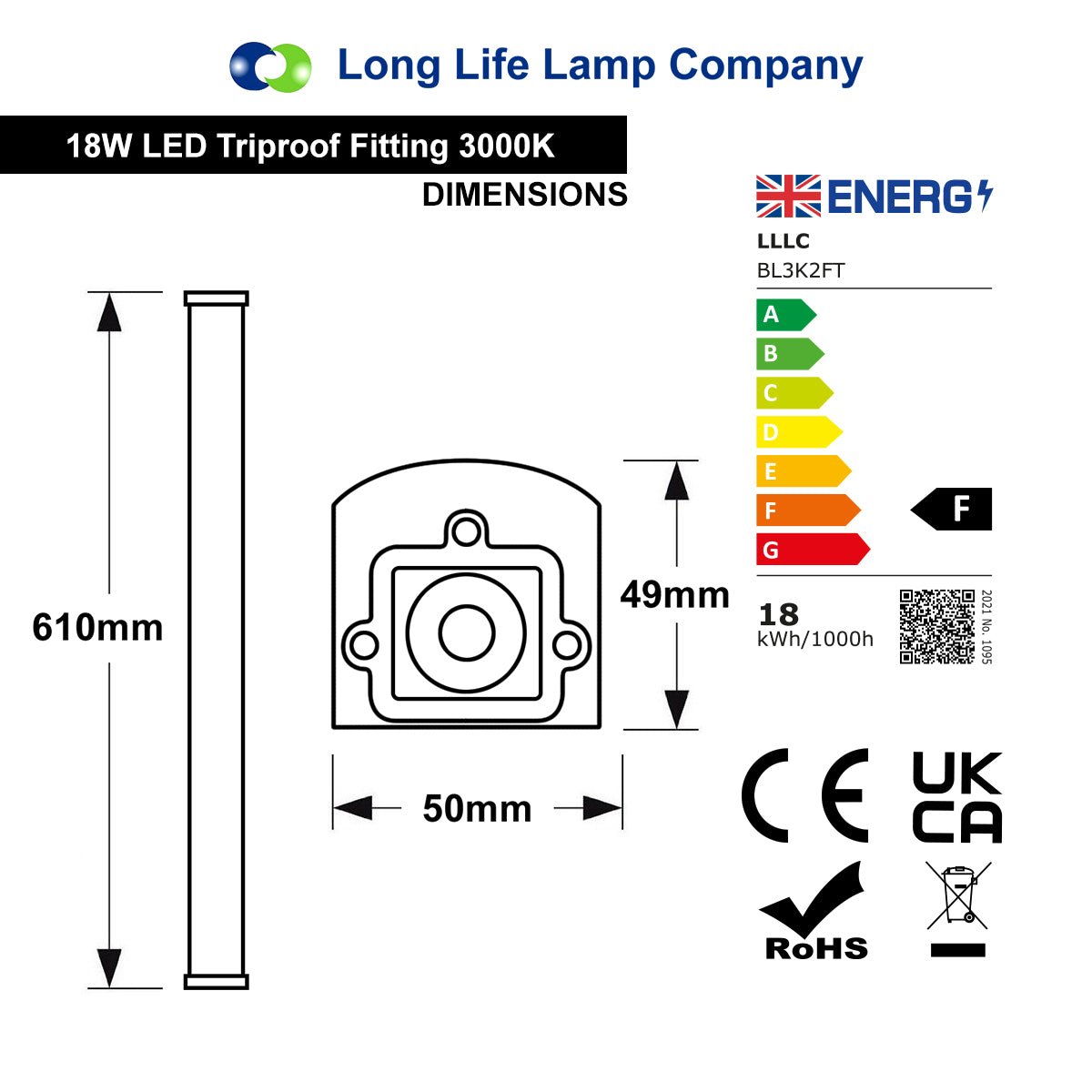 18w 2ft Industrial LED Batten Tube Light IP66 Warm White T8 Fluorescent Replacement - Free delivery on all orders