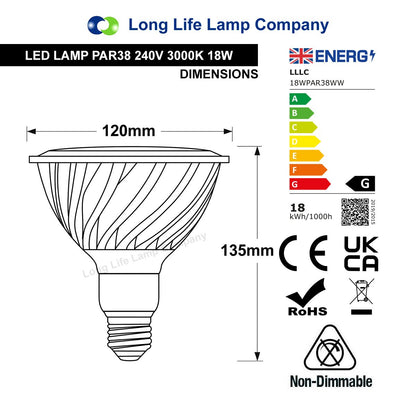 18W LED PAR38 Light Bulb Warm White 3000K E27 - Free delivery on all orders
