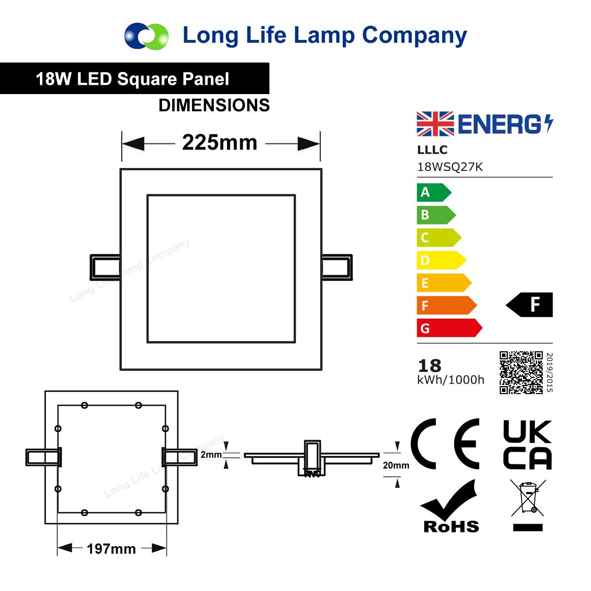 18w LED Square Recessed Ceiling Flat Panel Warm White 2700K - Free delivery on all orders