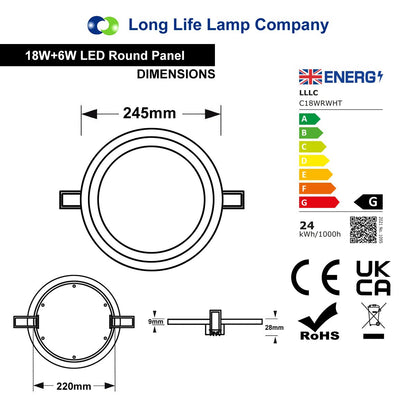 18w Round LED Ceiling Panel Cool White 3 Switch Mode White Ring - Free delivery on all orders