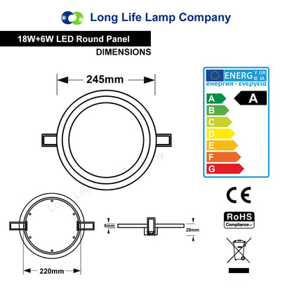18w Round LED Ceiling Panel Cool White 3 Switch Mode White Ring - Energy Light Bulbs - Free delivery on all orders