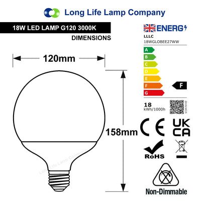 18W Round LED G120 Globe Light Bulb E27 Warm White 3000K - Free delivery on all orders