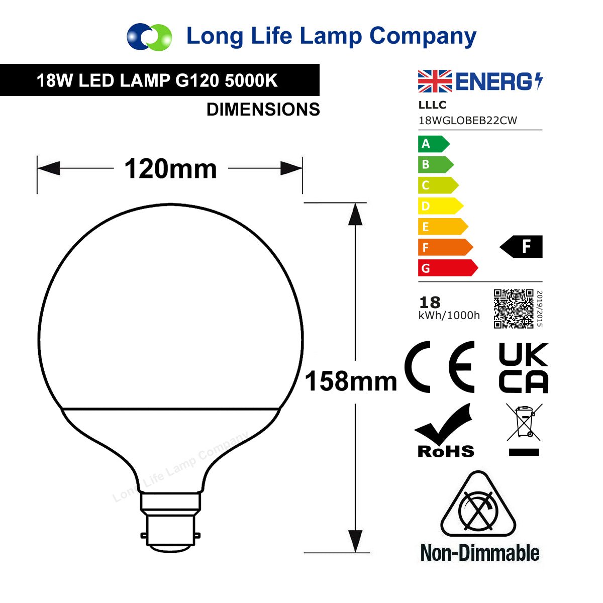 18w Round LED Globe Bulb B22 Bayonet Base Cool White Equivalent To 162w - Free delivery on all orders