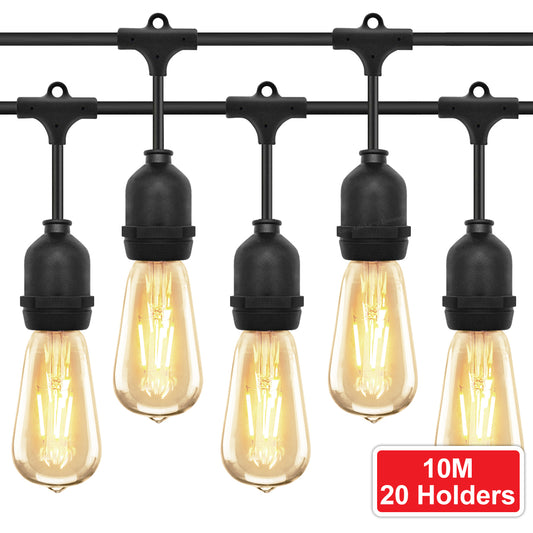 10 metre Outdoor String Light Bulb Holders 20 Lamp Weatherproof Festoon Light Fittings