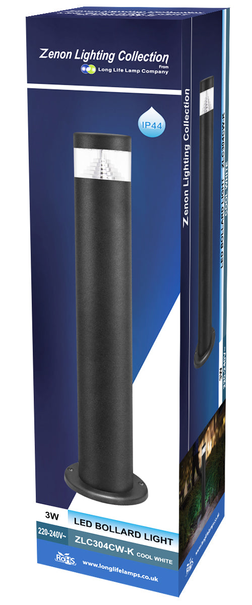 3w Modern Outdoor LED Cool White Bollard Light Stainless Steel Black Finish - Free delivery on all orders