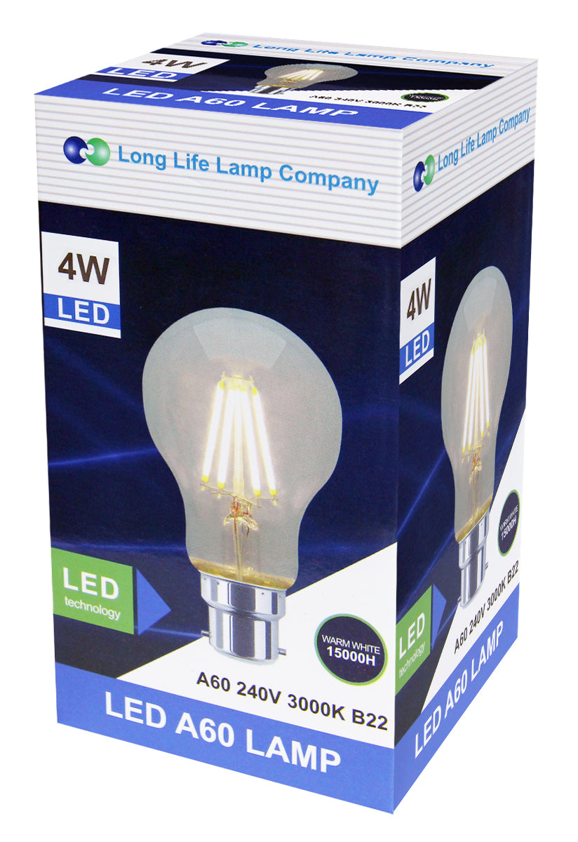 A60 4W LED Filament Light Bulb Warm White B22 Edison Screw Clear Glass - Free delivery on all orders