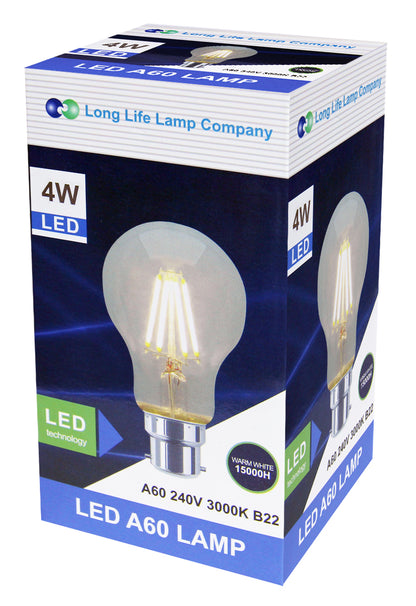 A60 4W LED Filament Light Bulb Warm White B22 Edison Screw Clear Glass - Free delivery on all orders