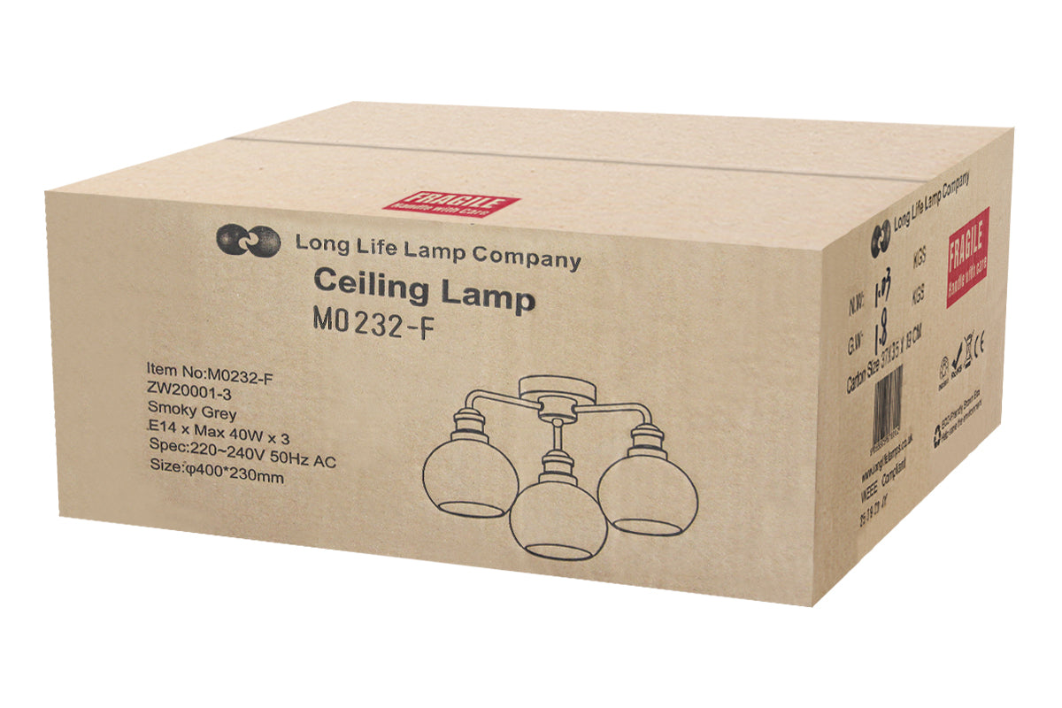 Modern Grey Glass Ceiling Light 3 Globe Shades