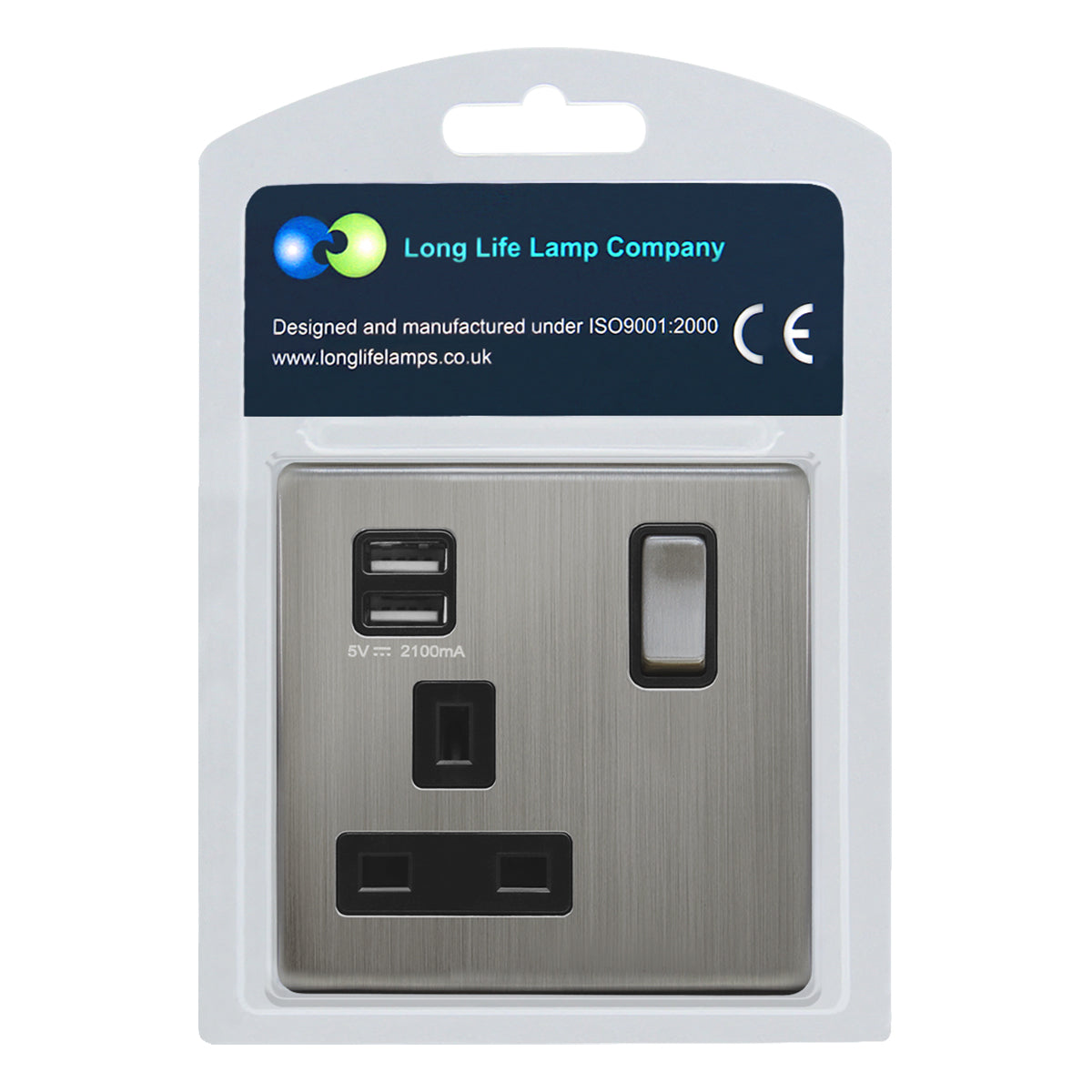 1 Gang USB Switch Socket 13A Twin Port Brushed Chrome Single Plug Wall Outlet N501DME