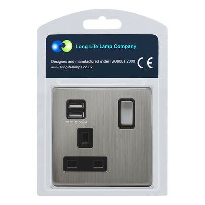 1 Gang USB Switch Socket 13A Twin Port Brushed Chrome Single Plug Wall Outlet N501DME