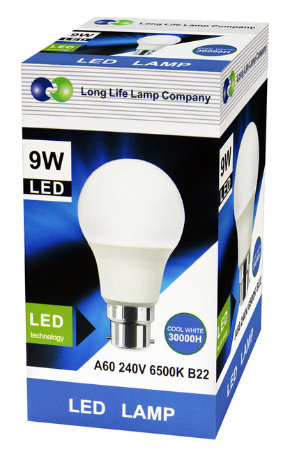 9W LED A60 Light Bulb Bayonet B22 Cool White 6500K - Free delivery on all orders