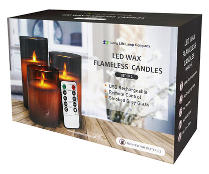 Set Of 3 USB Rechargeable LED Wax Smoked Grey Glass Flameless Candles With Remote Control