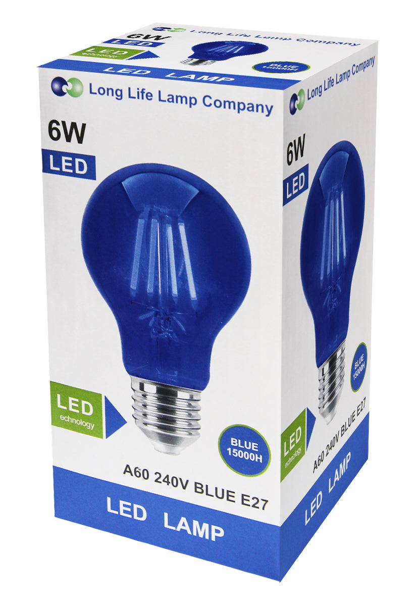 6W LED BLUE Light Bulb E27 Screw Cap Glass A60