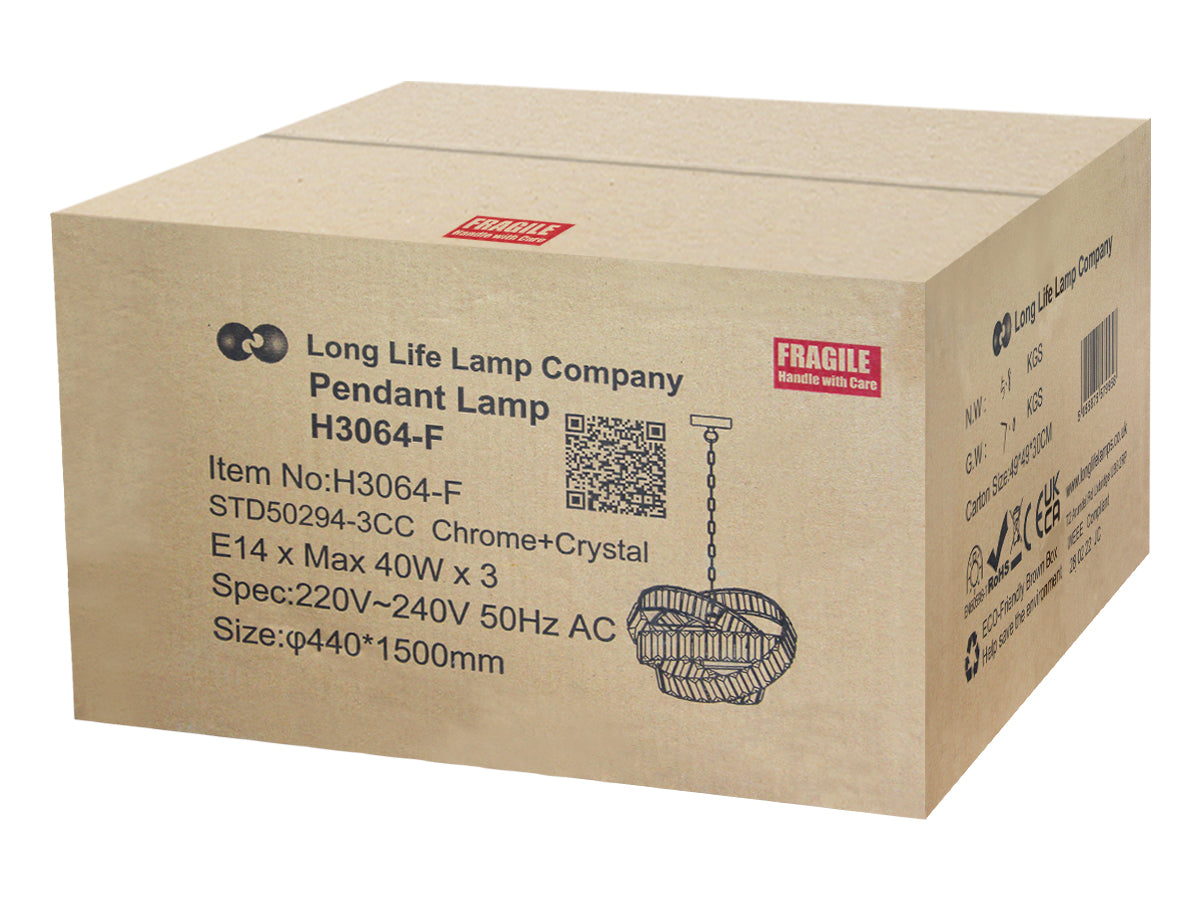 Modern Ceiling Crystal Chandelier Pendant Light Chrome Fixture Glass 3 Rings H3064